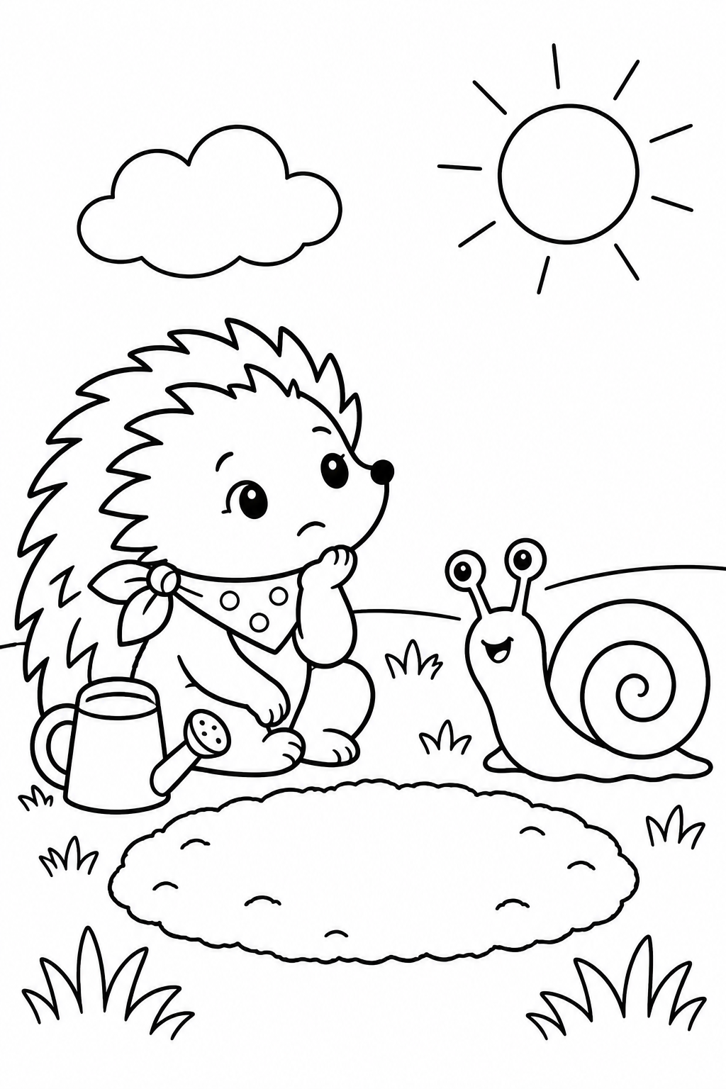 Coloring scene: Mila sits with her chin in her paw beside a watering can and an empty patch of soil, while Nino the snail smiles at her.