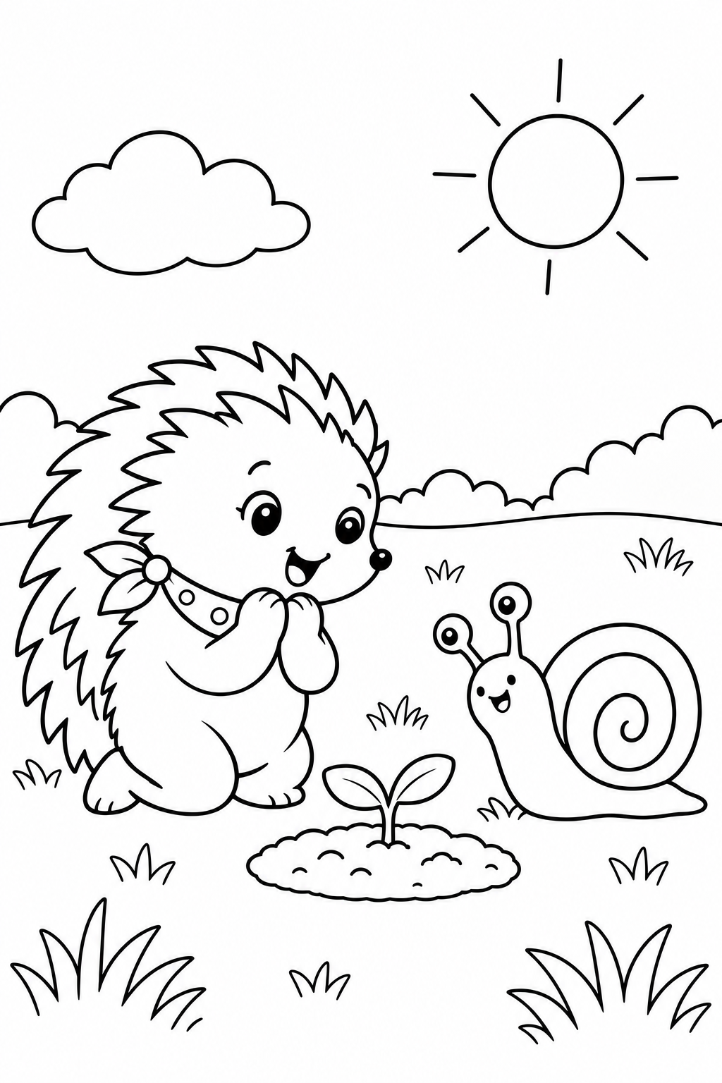 Coloring scene: Mila kneels with her paws under her chin and Nino the snail watches a small seedling with two leaves growing from the soil.
