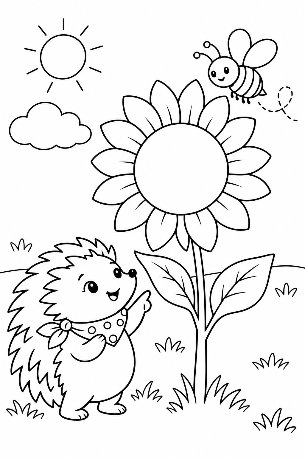 Coloring scene: Mila points happily at Bea the bee flying beside a tall sunflower with broad leaves, a round center and large petals.