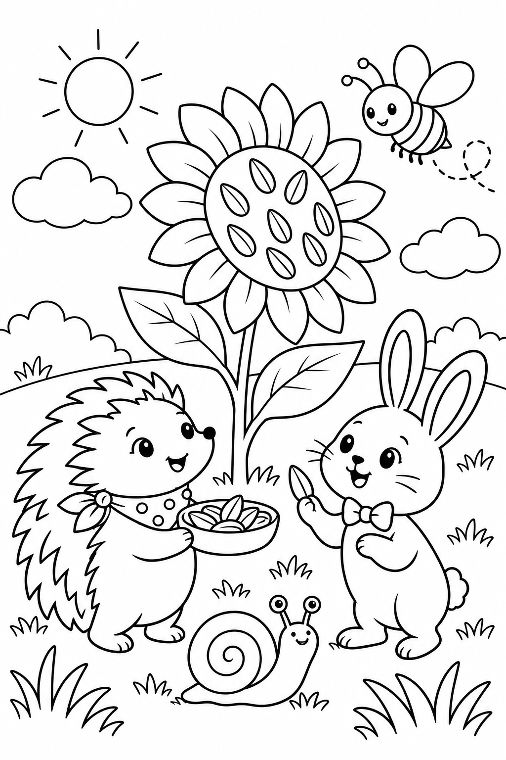 Coloring scene: Mila offers Pip a bowl of seeds while he holds one seed, with Nino the snail below and Bea the bee beside a mature sunflower with seeds in its center.