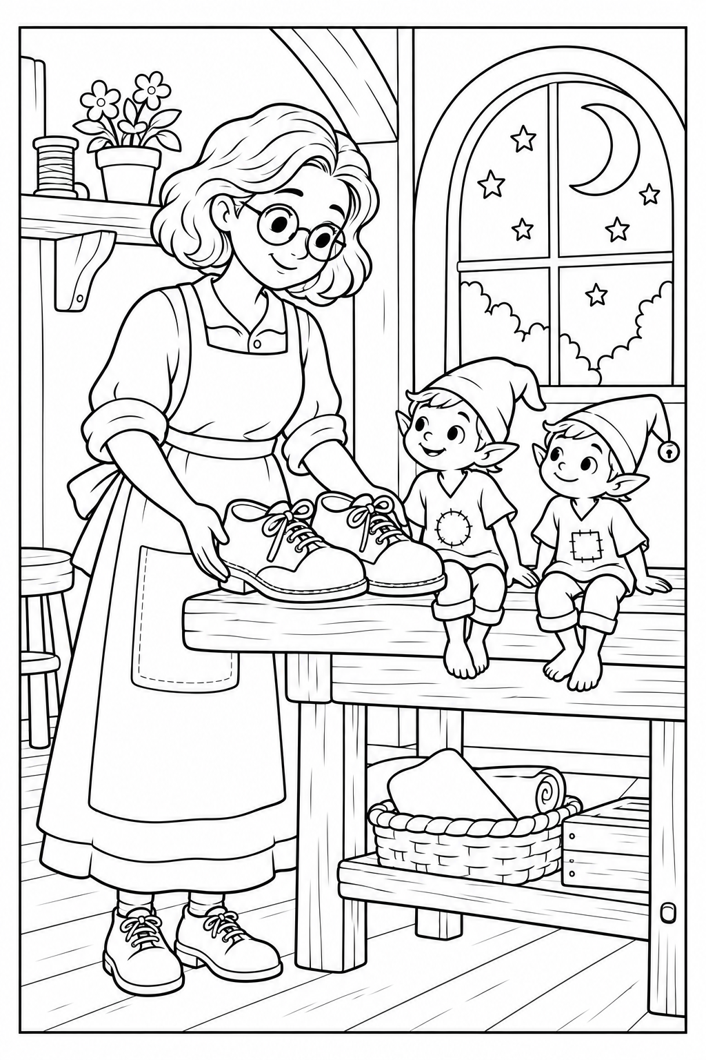 Nina, a shoemaker with round glasses and a wavy bob, stands beside a pair of lace-up shoes and two tiny barefoot elves in patched tunics. A moon shines through the workshop window. Black outlines, white coloring spaces and a complete frame.