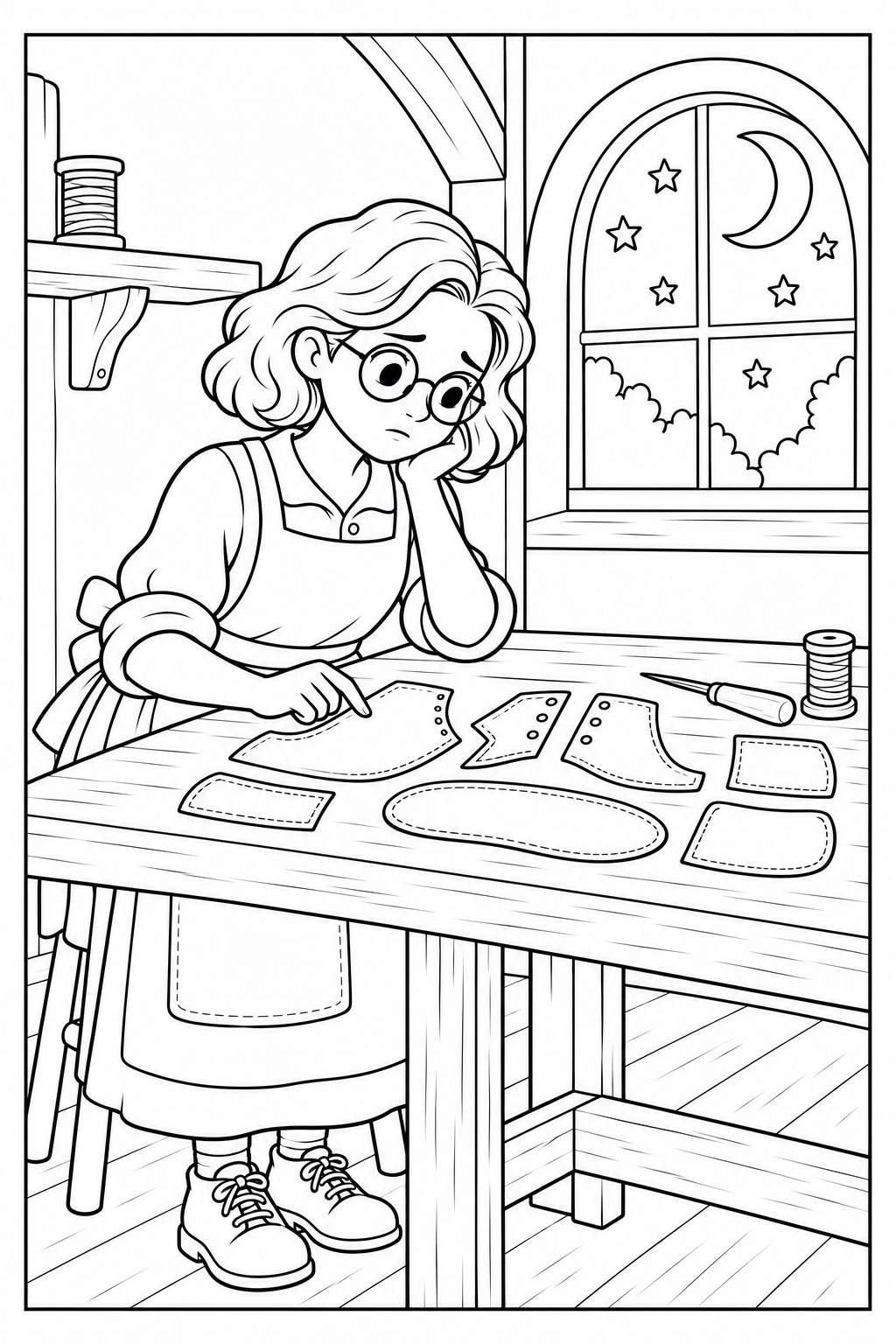 Nina sits at her workbench at night, looking at flat leather pieces. A spool and an empty shelf are nearby; the moon is visible through an arched window.