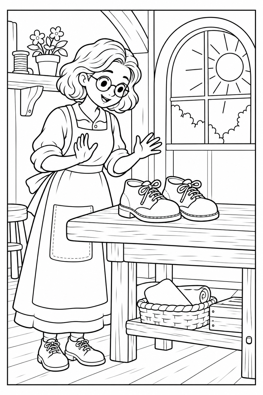In the morning, Nina smiles with her hands open in surprise beside a finished pair of lace-up shoes on the workbench. The sun appears through the window.