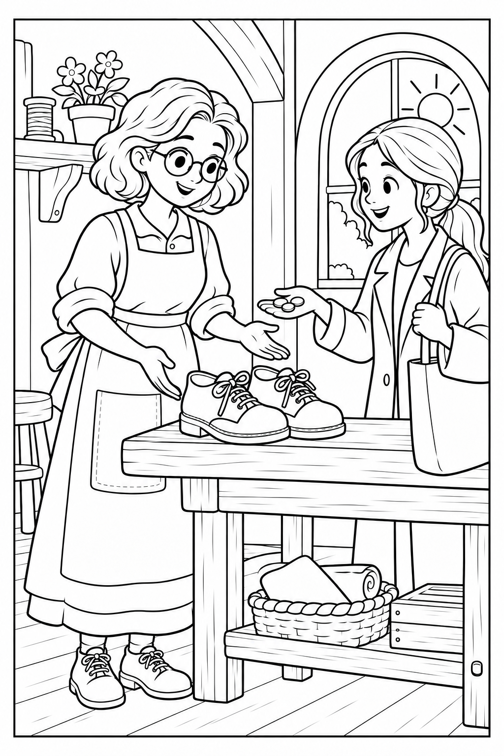 A customer with a tote bag offers coins to Nina across the workbench. The finished shoes stand between them, with the workshop window behind.