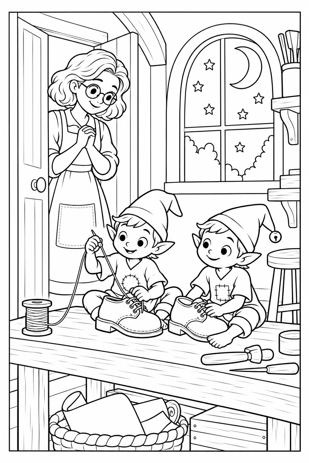 Two tiny barefoot elves in patched tunics make shoes on the workbench: one pulls thread through a shoe while the other steadies another shoe. Nina watches from an open doorway beneath the moonlit window.