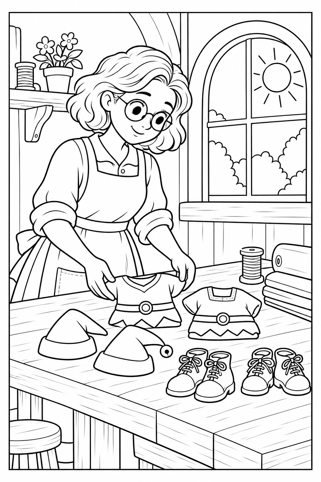 Nina arranges two tiny tunics, pointed hats and two pairs of small boots on the workbench. A spool and folded fabric sit beside the gifts.