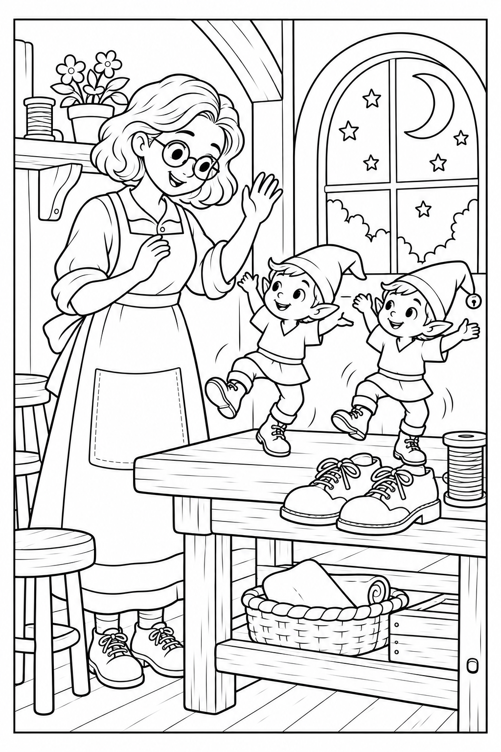 The two elves dance on the workbench wearing new unpatched tunics, pointed hats and boots. Nina smiles and waves beside them; a pair of shoes sits to one side.