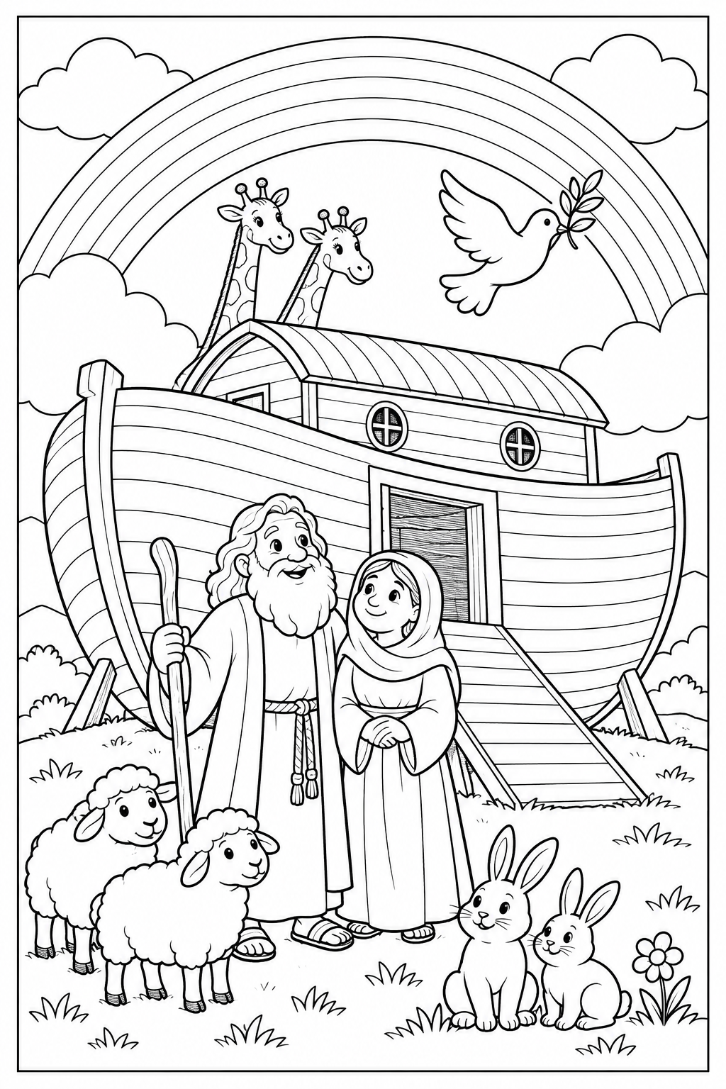 Noah and his wife stand beside a wooden ark with two giraffes, two sheep and two rabbits. A dove carrying an olive twig flies beneath an outlined rainbow. White coloring areas inside a complete thin black frame.
