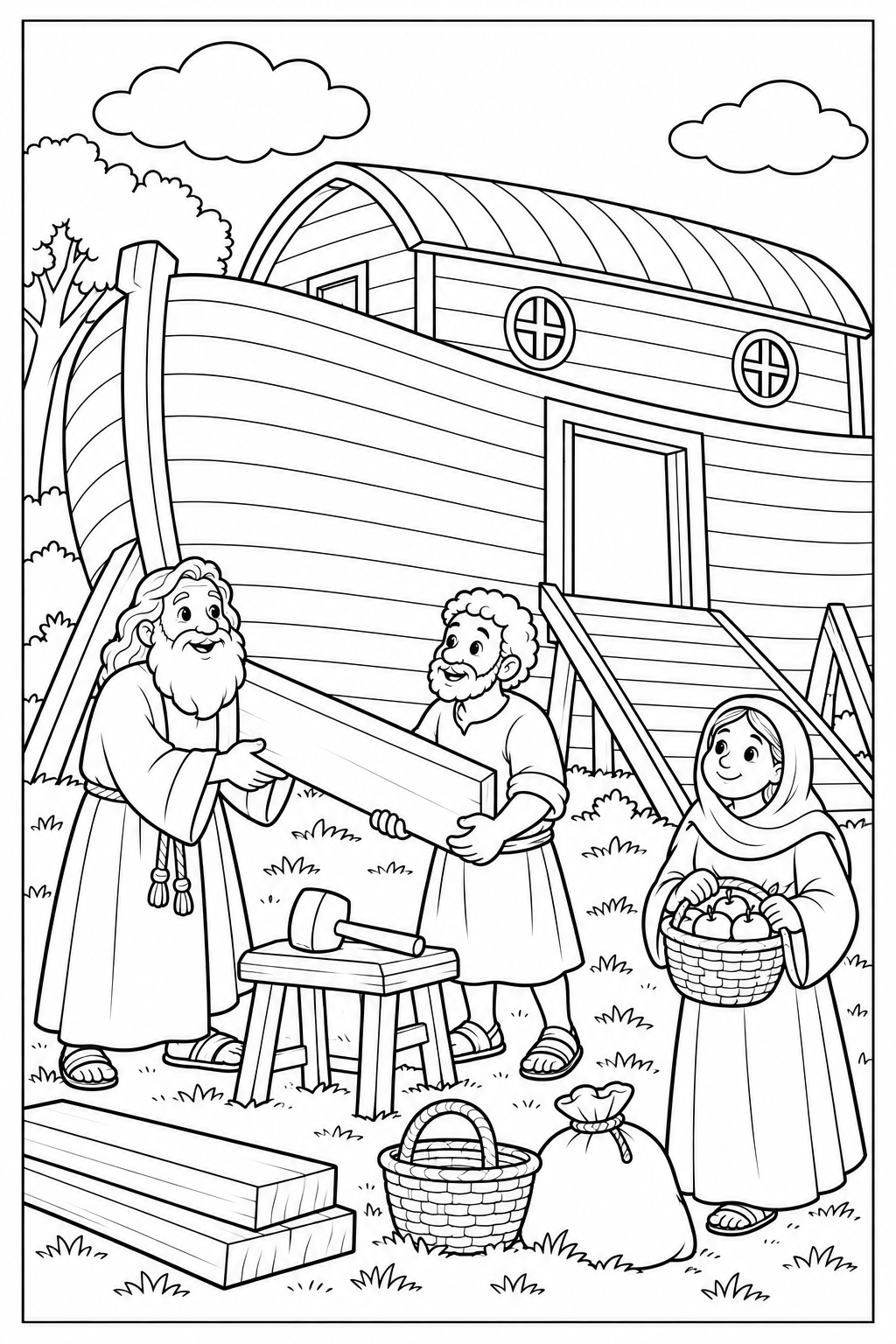 Noah and an adult son hold a wooden plank beside the ark while his wife carries a fruit basket. A mallet rests on a stool beside spare planks and a sack, within a complete black page frame.