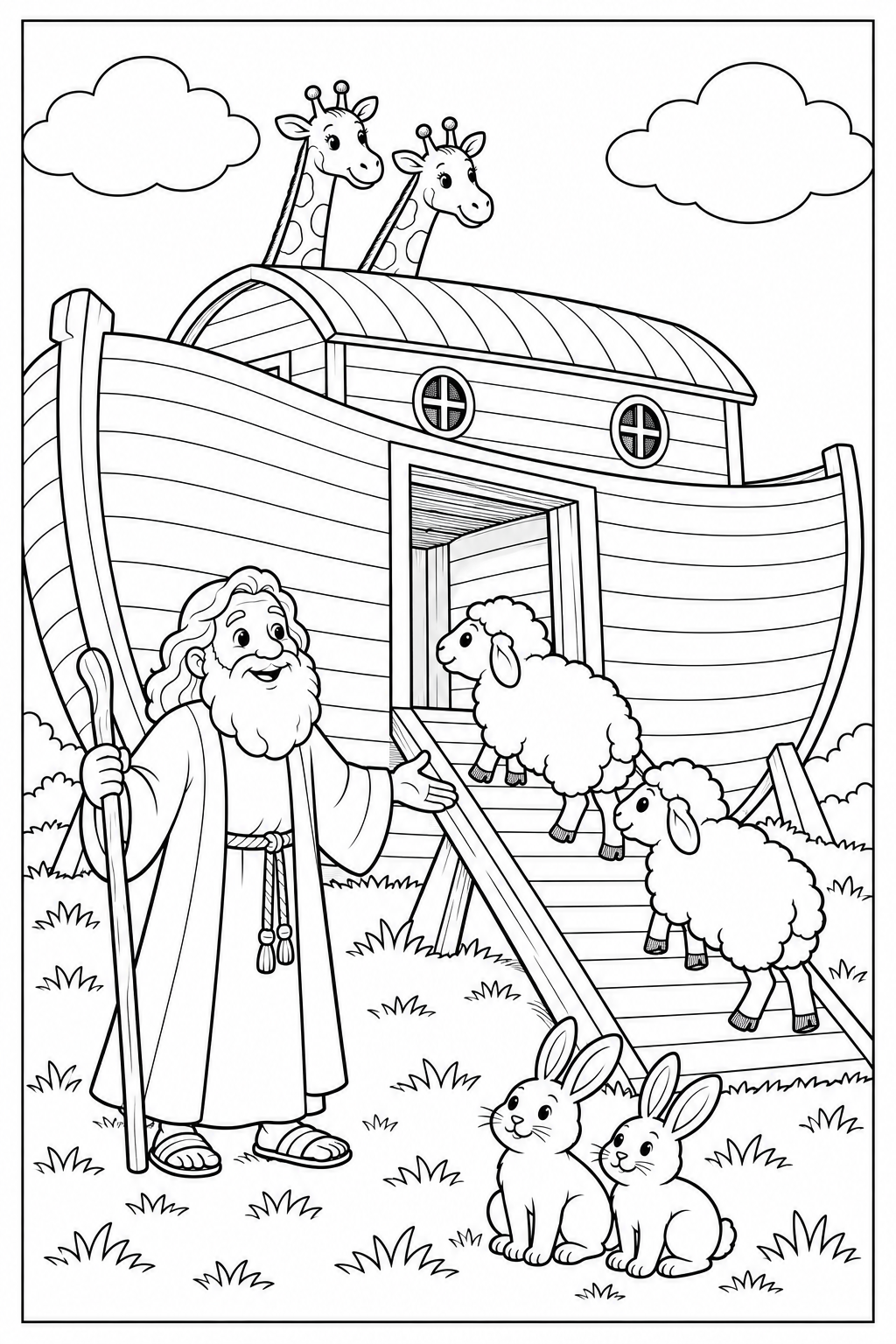 Noah welcomes two sheep up the ark’s broad ramp while two rabbits wait nearby and two giraffes peek above the cabin. The animals have clear white coloring spaces and a thin black frame surrounds the scene.
