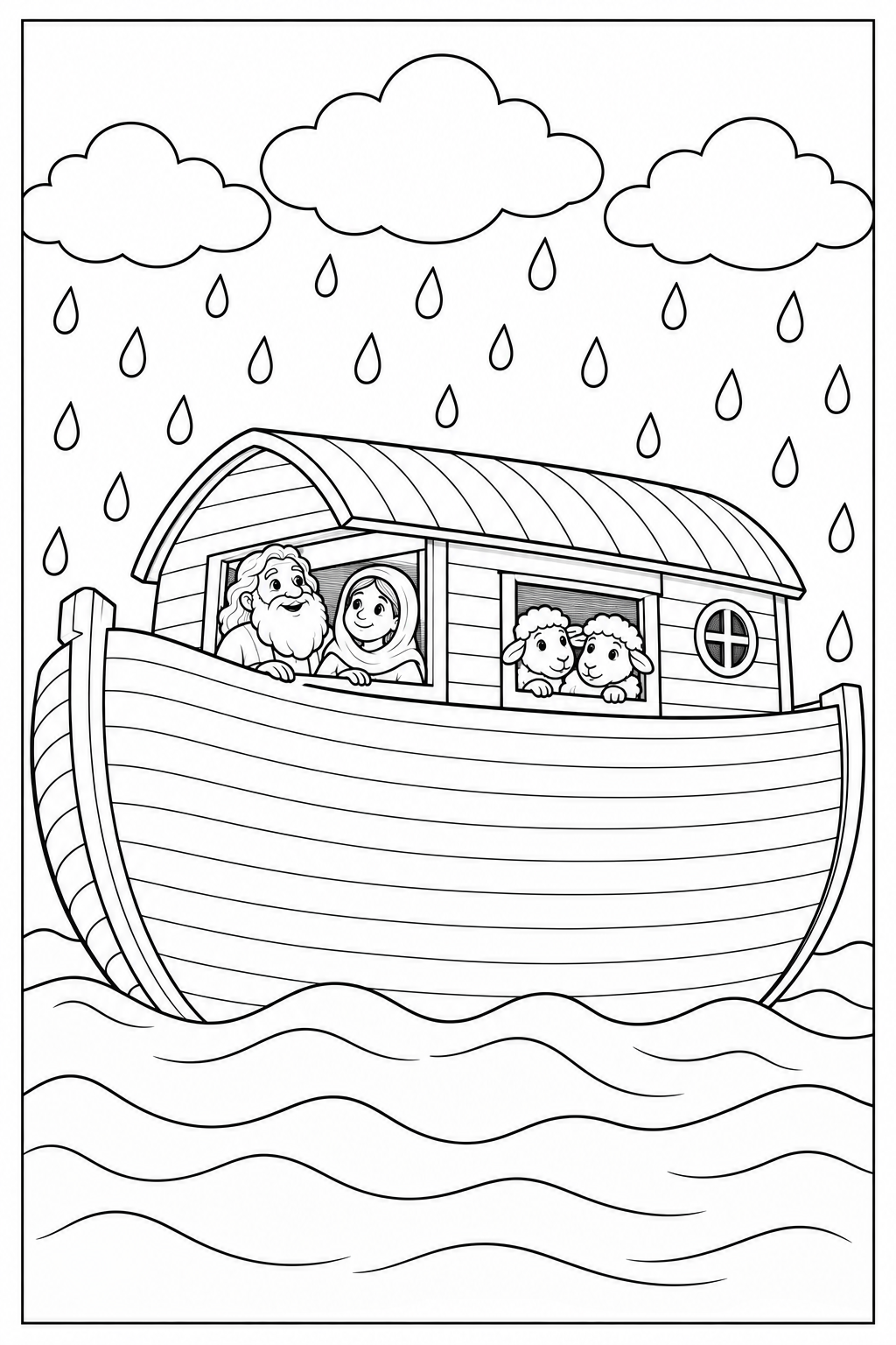 The closed wooden ark floats on rounded waves beneath rain clouds. Noah and his wife look out from the cabin, with animals sheltered aboard. Clean black outlines and a complete rectangular border.