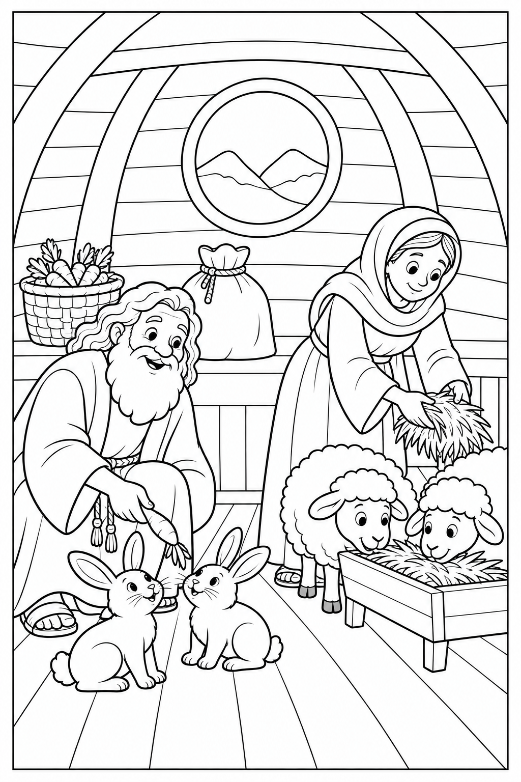 Inside the ark, Noah offers a carrot to two rabbits while his wife brings hay to two sheep. Wooden beams, a round window and baskets frame the spacious white coloring scene.
