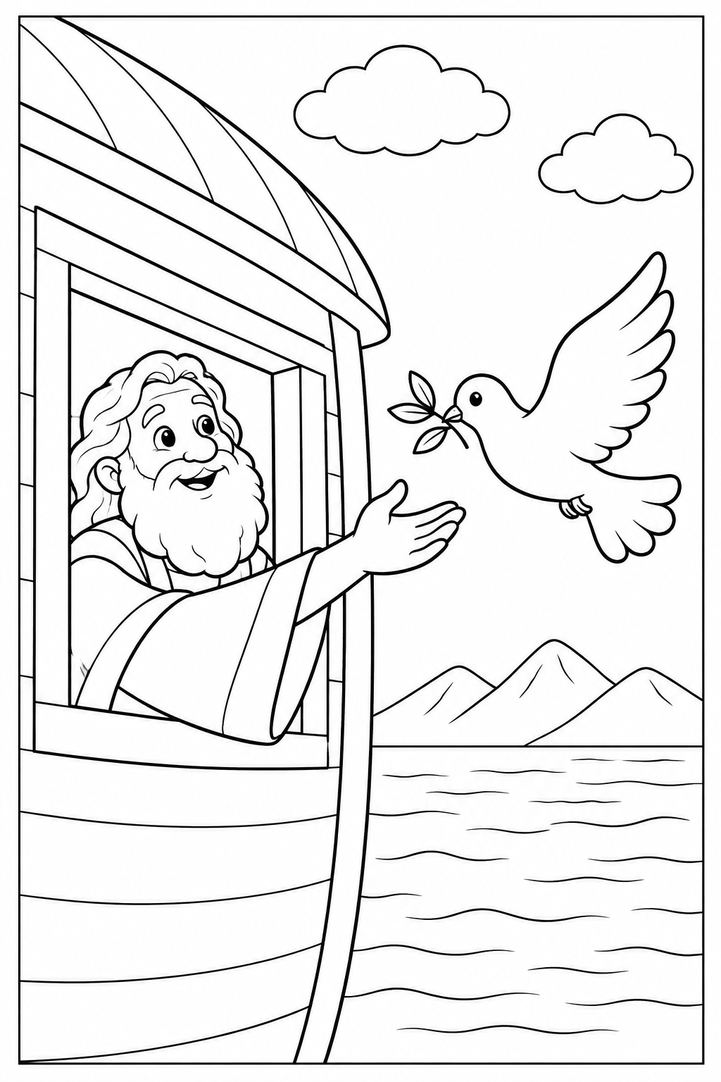 Noah reaches out from an open ark window to a returning dove carrying a small olive twig. Rounded mountain tops and calm water appear behind the bird, within a thin complete black frame.