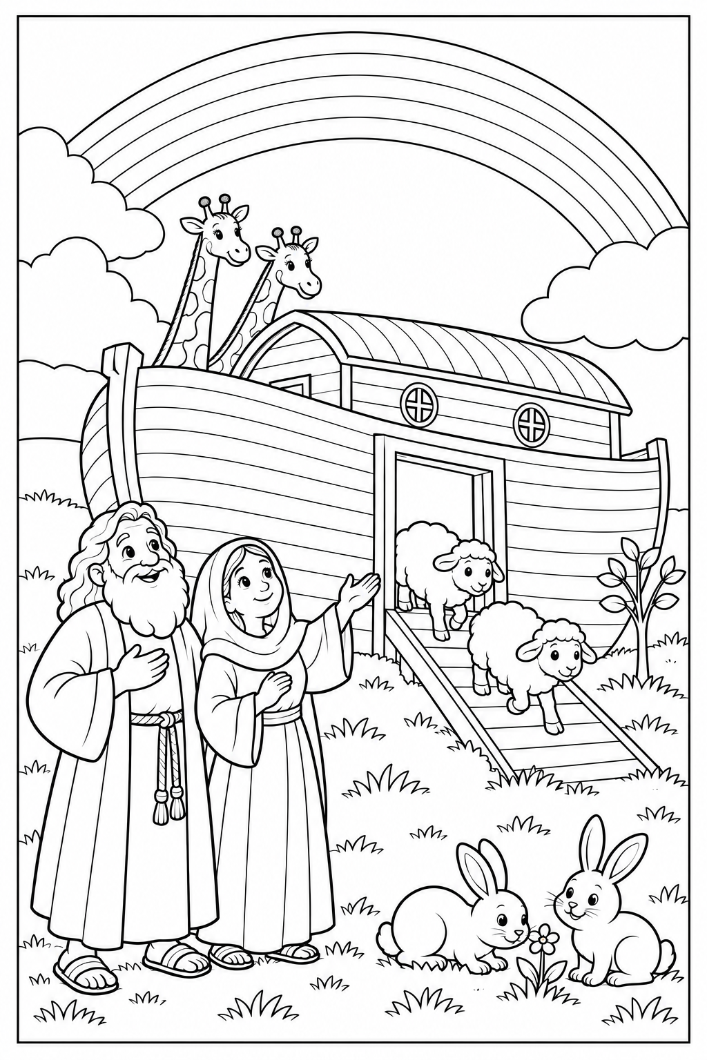 Noah and his wife stand on dry ground as sheep and rabbits leave the ark, with giraffes nearby. A broad rainbow stretches above the ark and gentle hills, all in black outlines on white with a complete page frame.