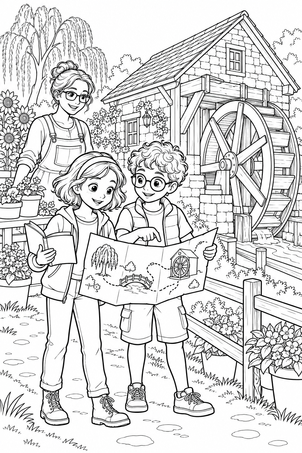 Coloring cover: Nora, with a bob and headband, and Leo, with curls and round glasses, hold a map beside a wooden waterwheel and stone mill, with garden caretaker Mara behind them.