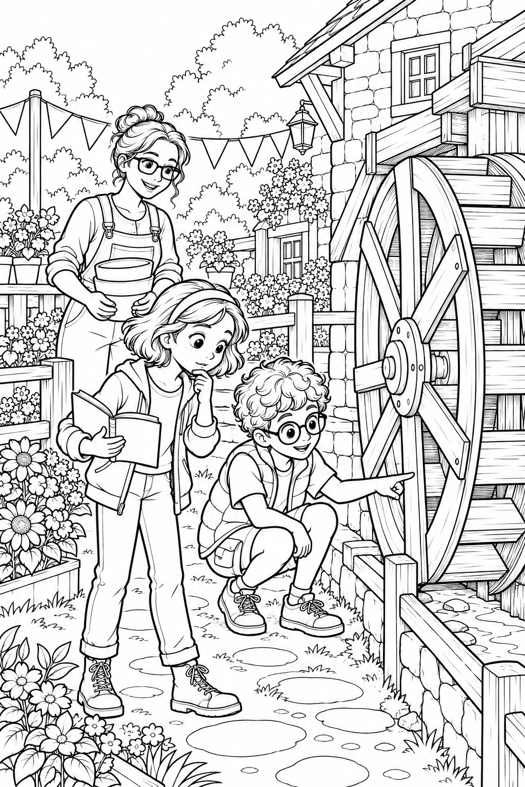 Nora holds her notebook while Leo crouches on the dry garden path and points at a motionless waterwheel; Mara holds flowerpots beside the stone mill and festival flags.