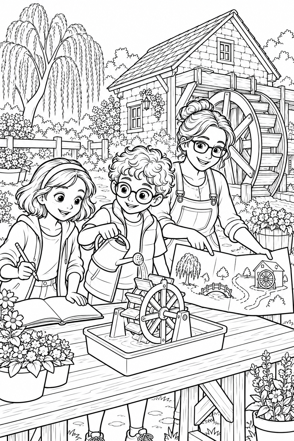 At an outdoor worktable, Leo pours water onto a miniature waterwheel in a basin, Nora writes in an open notebook, and Mara points to an icon-only map of the garden.