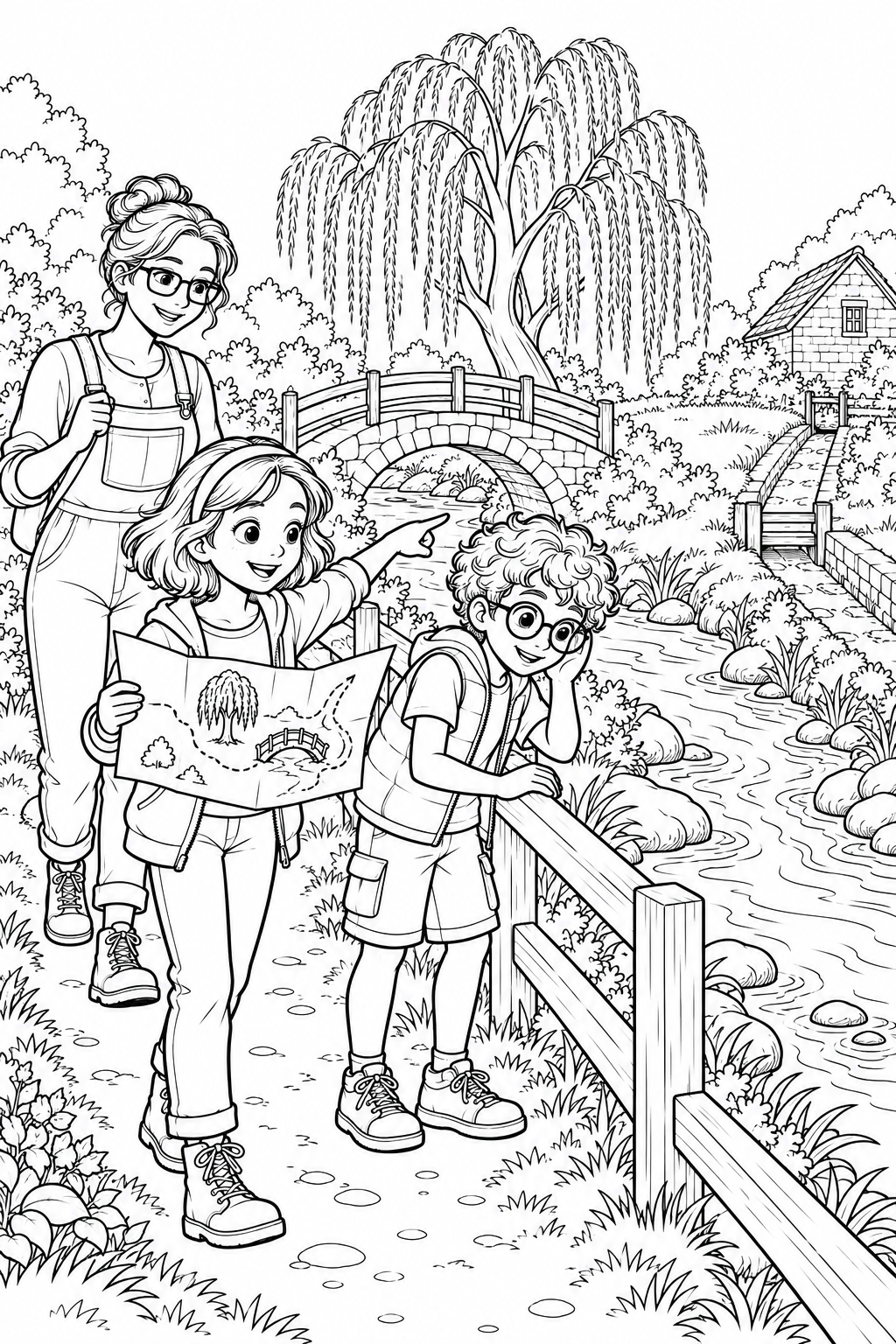Nora compares her map with a small footbridge and willow as Leo and Mara follow the dry fenced path; a flowing stream forks beside an almost dry irrigation channel.