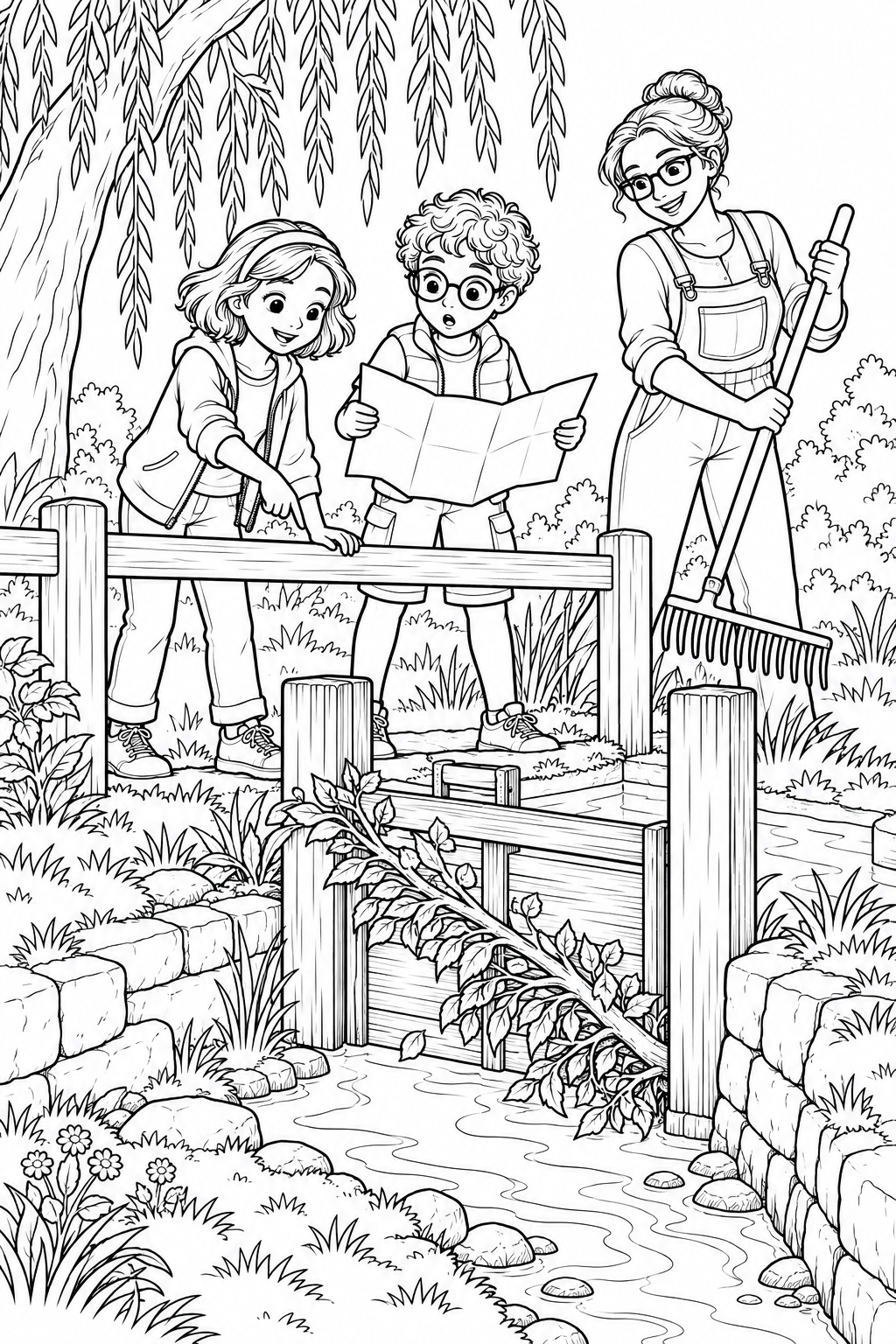 Behind a low railing, Nora points at a leafy fallen branch wedged against a nearly closed wooden water gate; Leo holds the map and Mara examines the shallow channel.