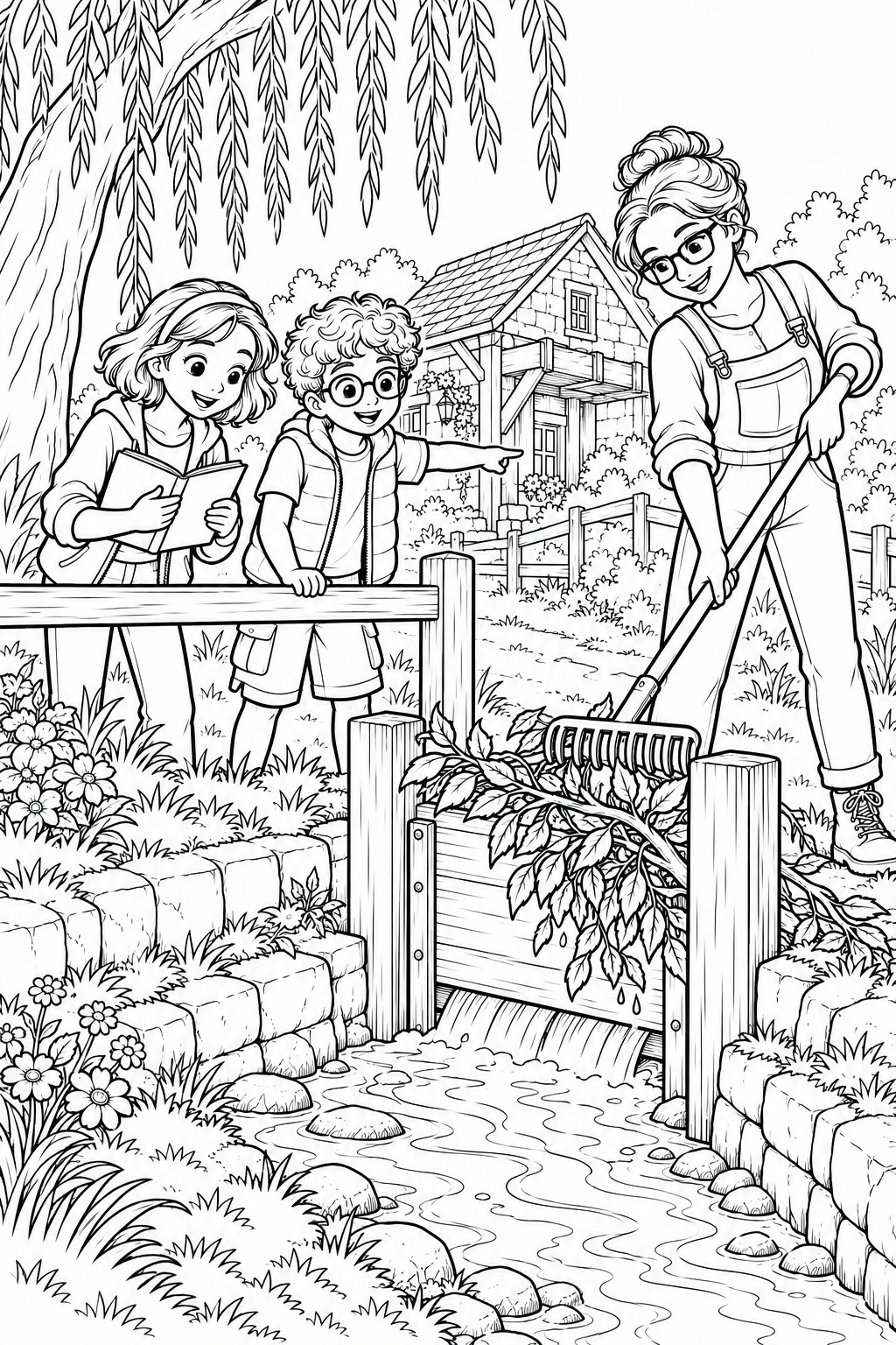 Mara uses a long garden rake from the dry bank to lift the branch clear of the water gate, while Nora and Leo watch from behind the railing and water begins to enter the channel.