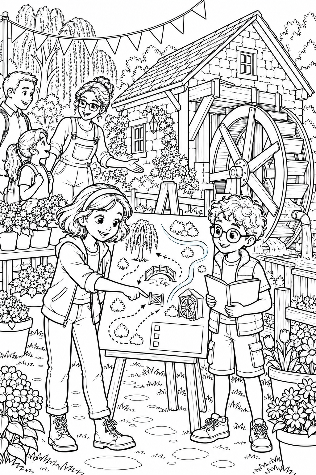 At the garden festival, Nora and Leo display a newly drawn map with simple channel, bridge and gate symbols on a small stand, while Mara welcomes visitors beside the working mill waterwheel.
