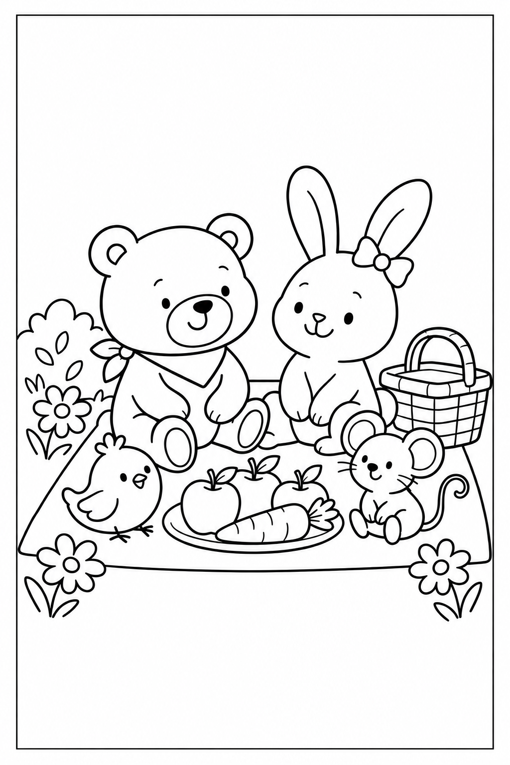 Coloring cover with a thin black border: Otto the bear, Nina the bunny, Pina the bird and Milo the mouse share a picnic on a plain blanket, with a basket beside them.