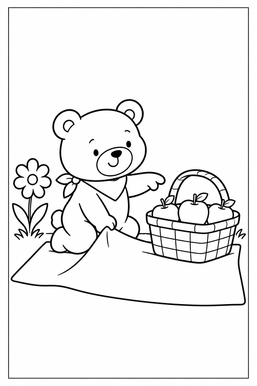 Otto the little bear spreads a plain picnic blanket in a meadow and sets a basket with three apples on one corner; a thin black frame surrounds the white coloring page.