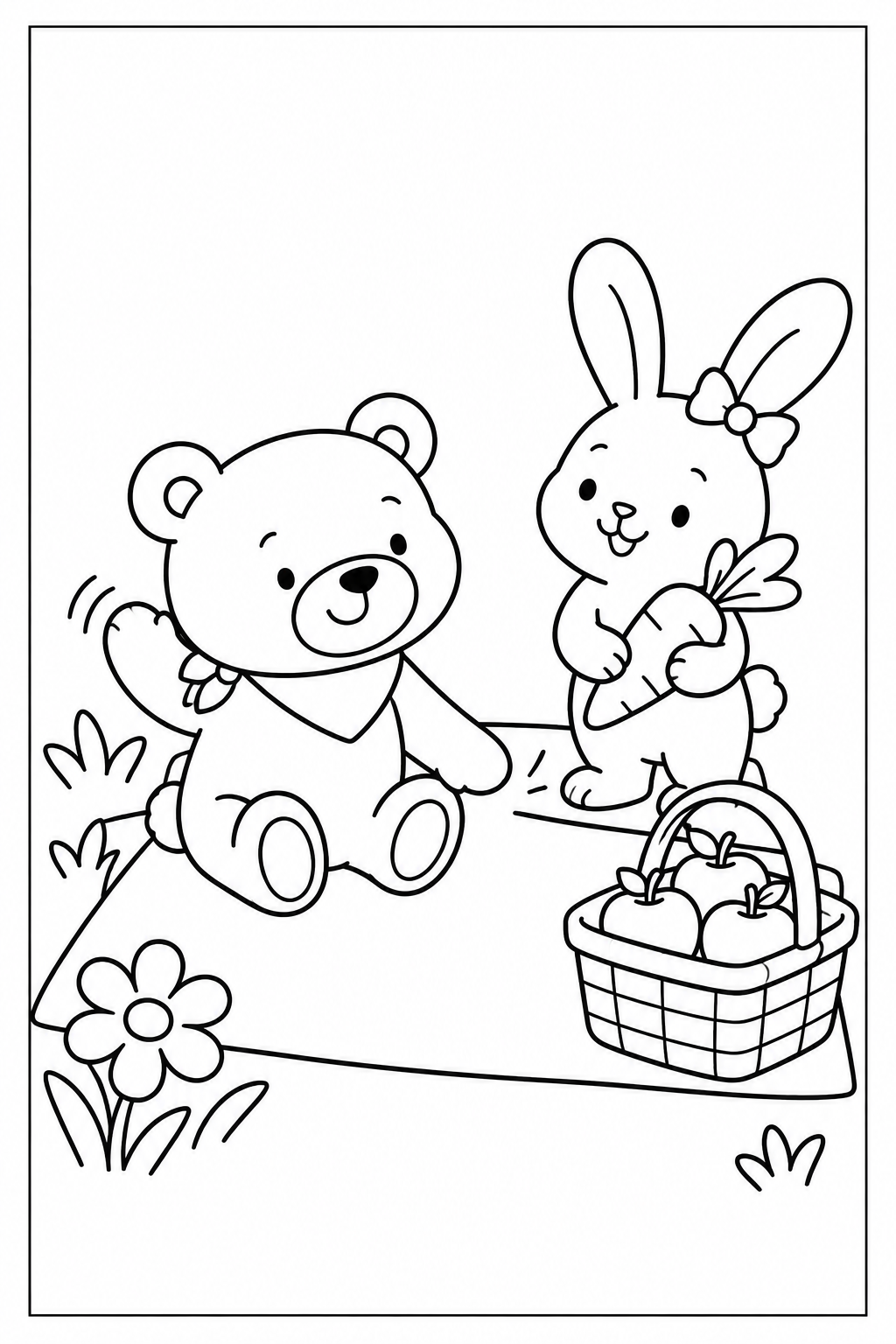 Nina the bunny, with a bow on one ear, brings a large carrot to Otto; the basket sits on a corner of the blanket, inside a thin black page border.