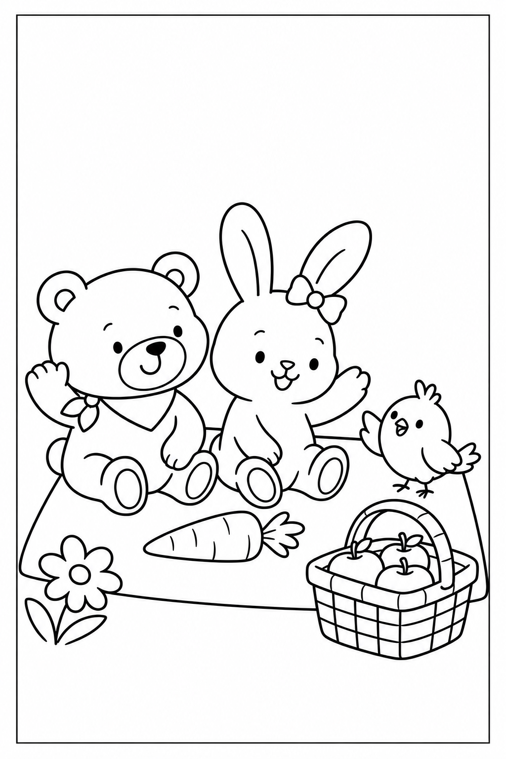 Pina the small round bird lands beside Otto and Nina on the picnic blanket, with the basket still in its corner; the drawing has a white background and a thin black frame.