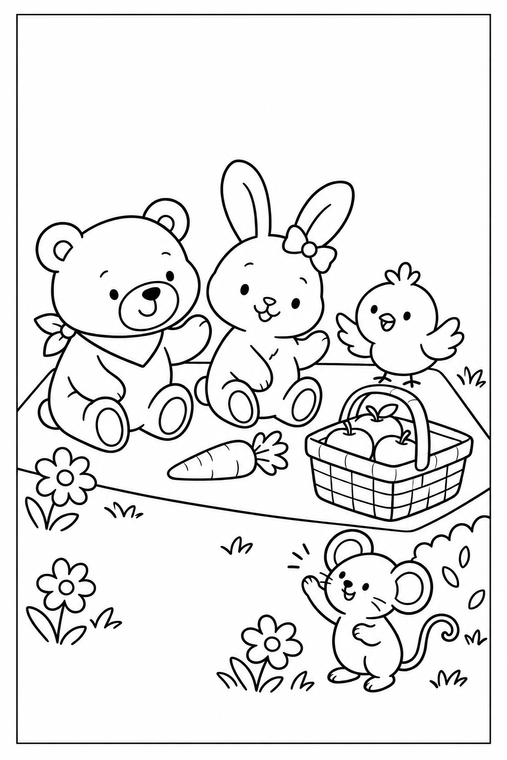 Milo the tiny mouse stands just outside the picnic blanket while Otto, Nina and Pina turn toward him; the large basket takes up a corner, and a thin black frame surrounds the drawing.