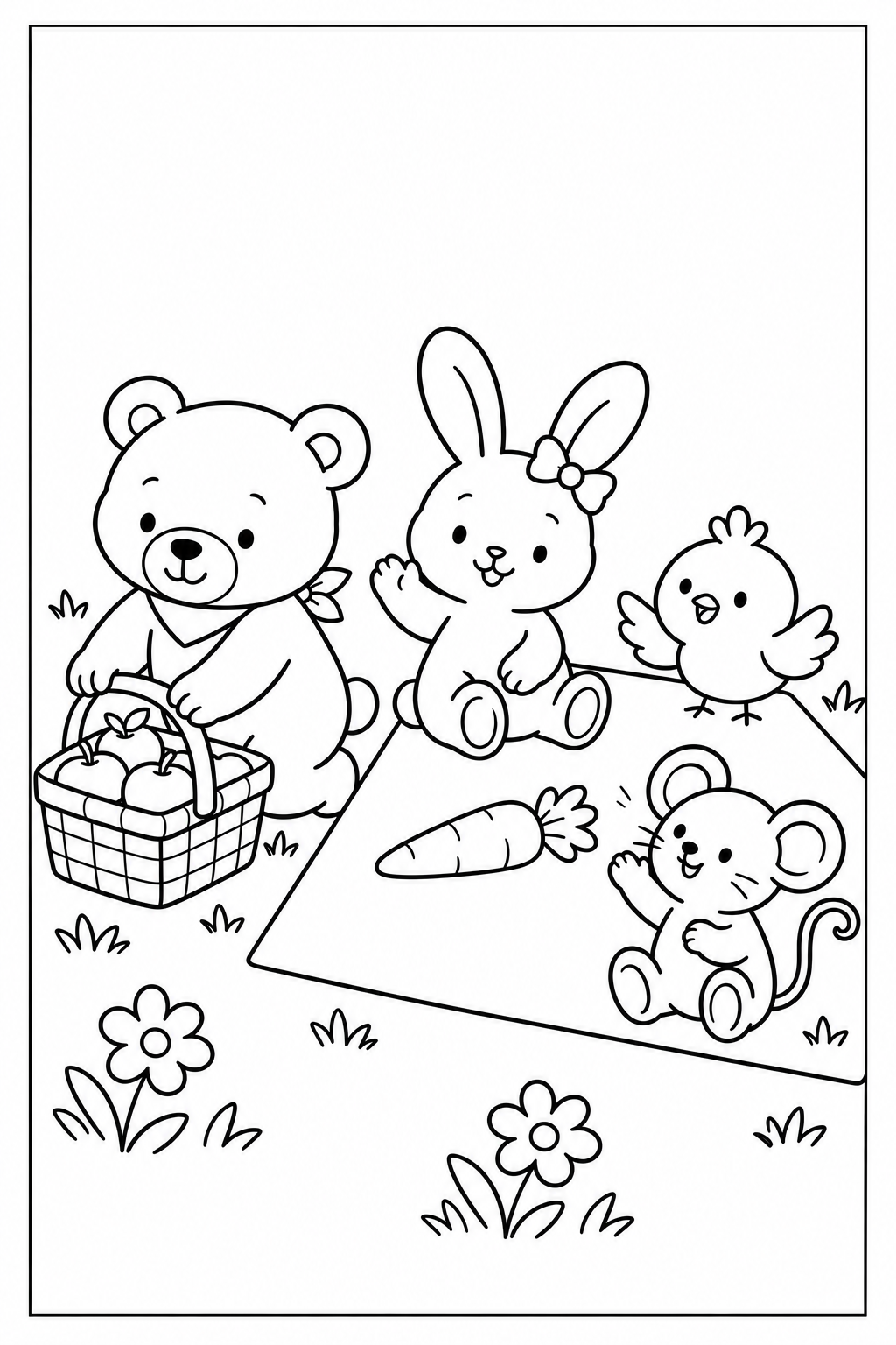 Otto moves the picnic basket off the blanket, Nina shifts over and Pina welcomes Milo into the empty corner; simple black outlines and a thin black border sit on a white background.