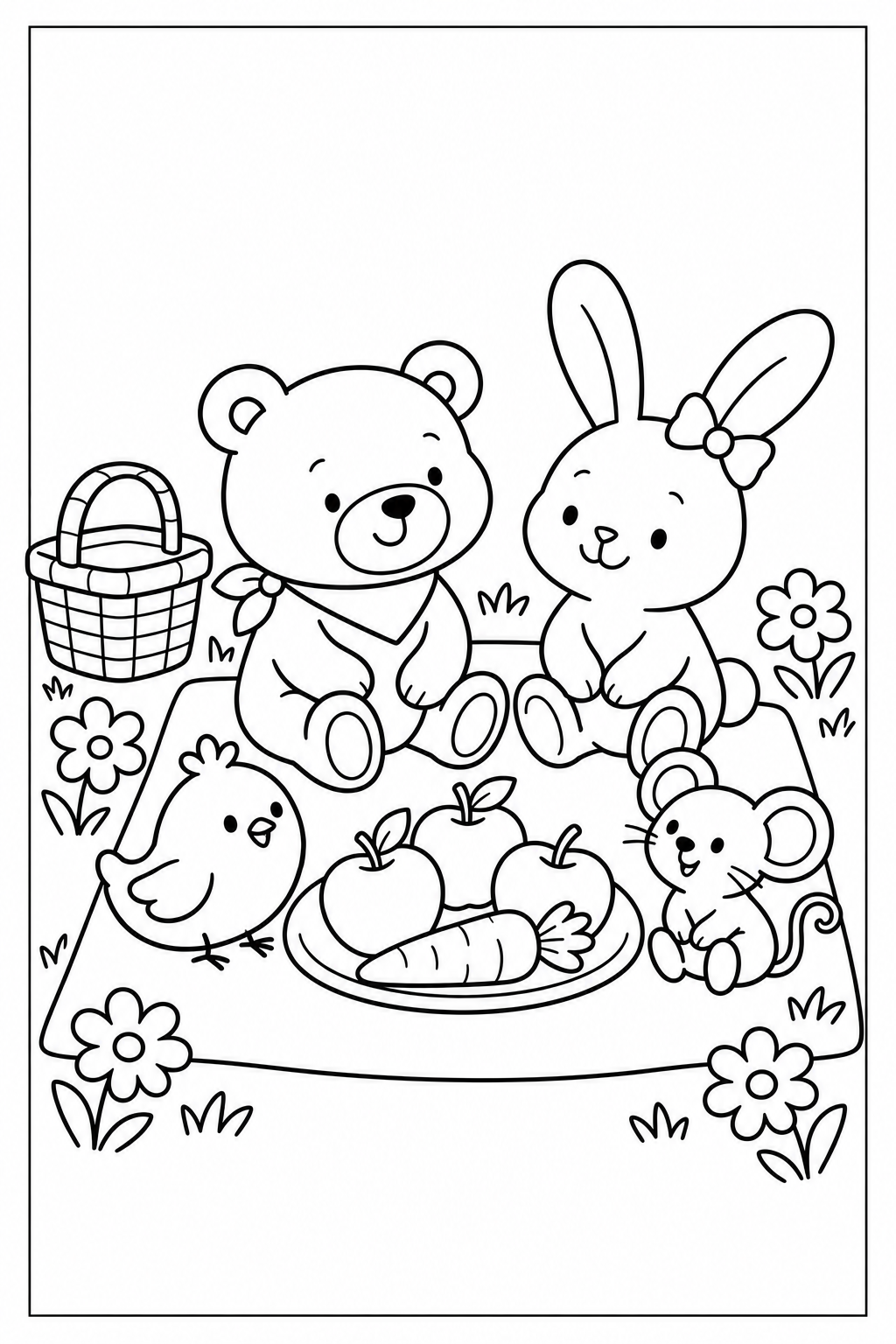 Otto, Nina, Pina and Milo sit together on the blanket with a plate of apples and a carrot; the basket is beside them, within the thin black border of the white coloring page.