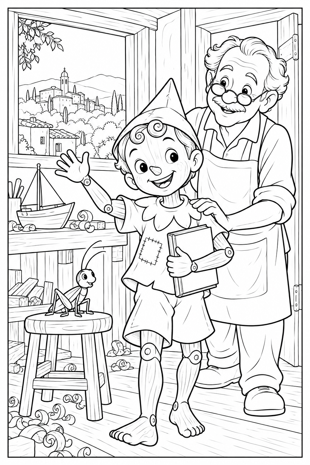 Wooden Pinocchio waves and holds a schoolbook beside Geppetto in a carpenter’s workshop. A cricket sits on a stool; a toy boat and village rooftops appear behind them. Black outlines, white coloring spaces and a complete frame.