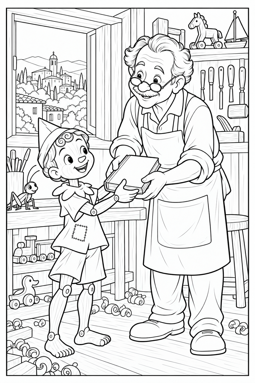 Geppetto hands a schoolbook to wooden Pinocchio in the workshop. A cricket watches from the workbench beside wood shavings and wooden toys.
