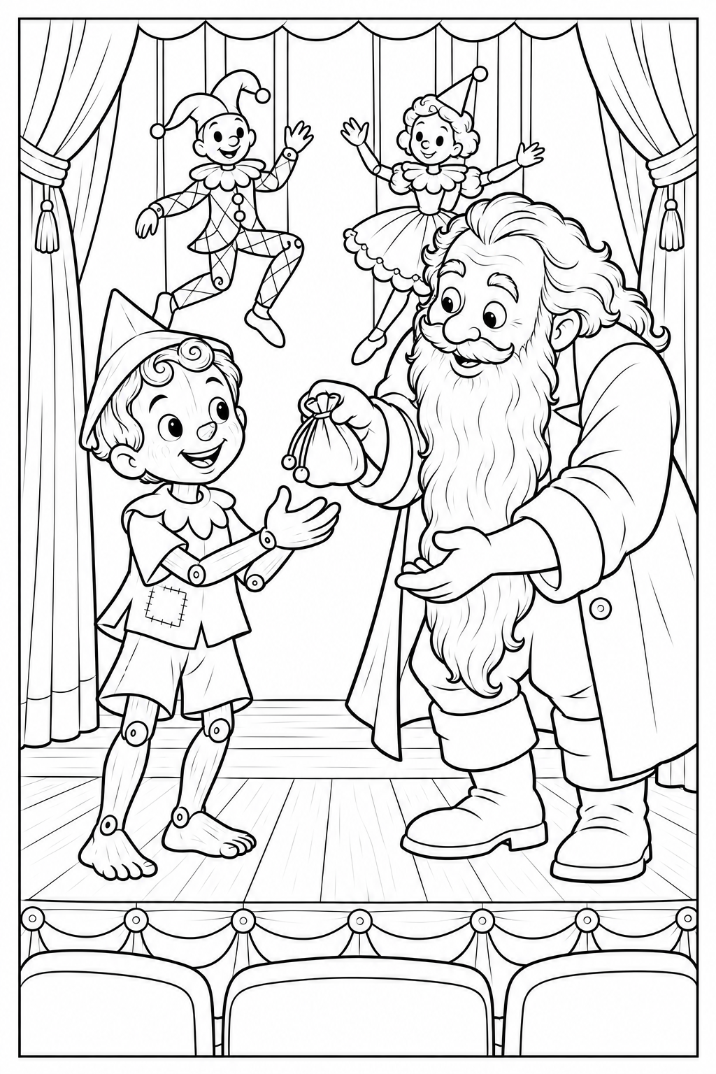 On a curtained stage, the long-bearded puppeteer Mangiafuoco offers Pinocchio a closed coin purse. Two other puppets watch from the stage behind them.