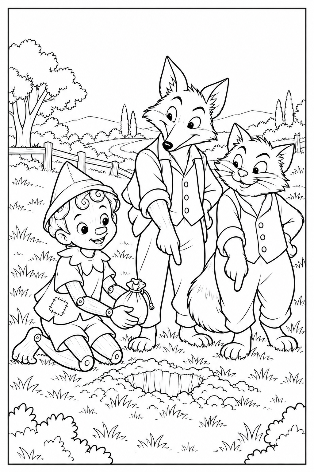Pinocchio kneels beside a hole in a field, holding a closed purse. A Fox and a Cat in simple clothes point toward the hole, with trees and a fence behind them.