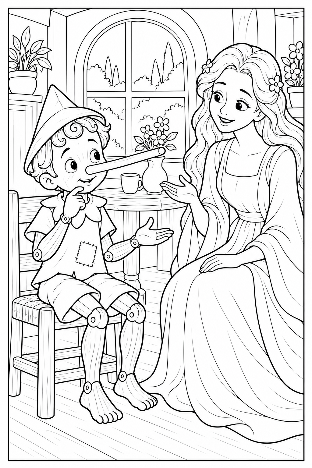 Pinocchio sits beside the Fairy with a very long wooden nose. The Fairy leans toward him kindly in a bright cottage, with a window, plants and a small table.