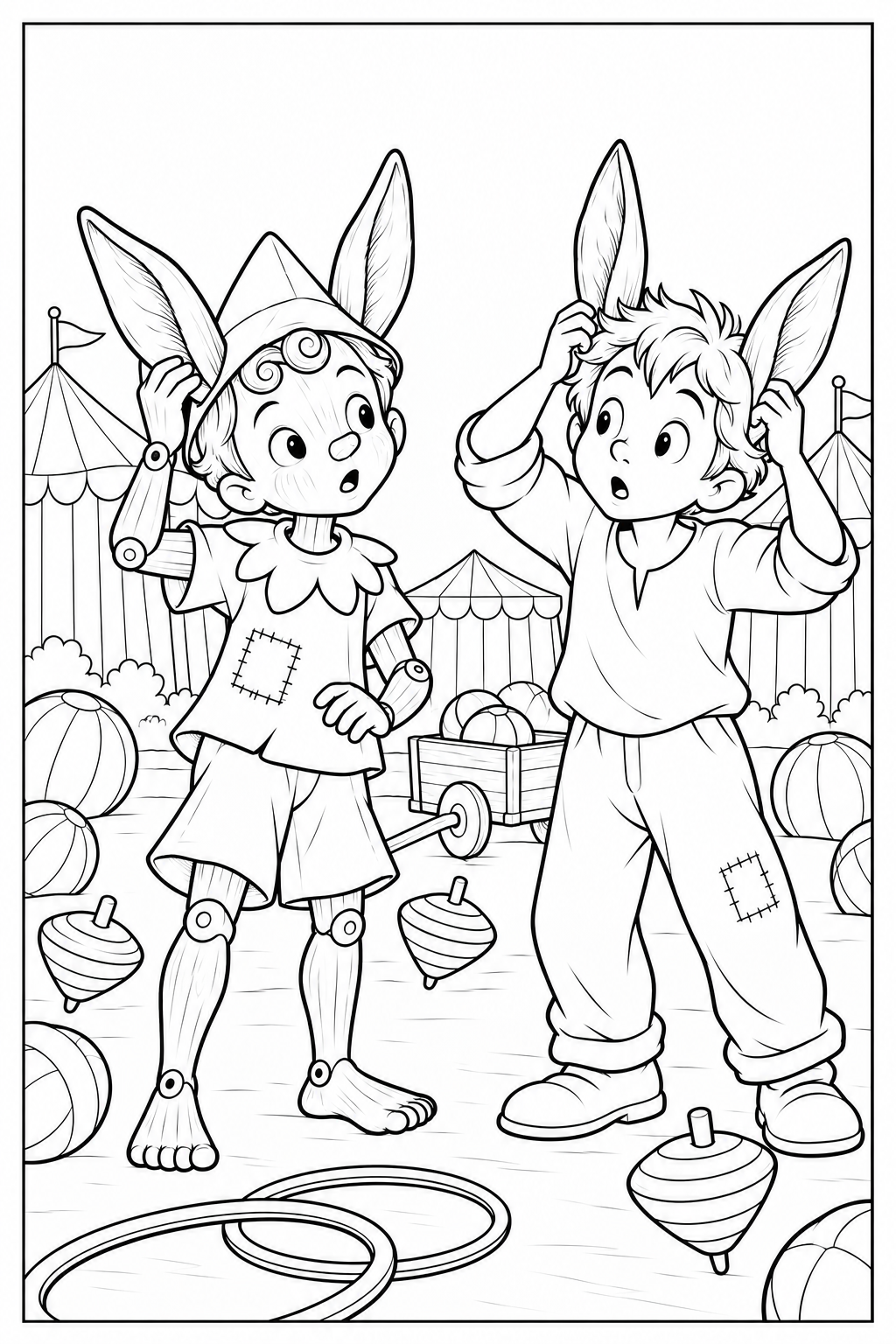 Pinocchio and his friend Lucignolo look surprised at their new donkey ears among toy carts, balls and spinning tops. Pinocchio still has wooden limbs and his familiar patched tunic.
