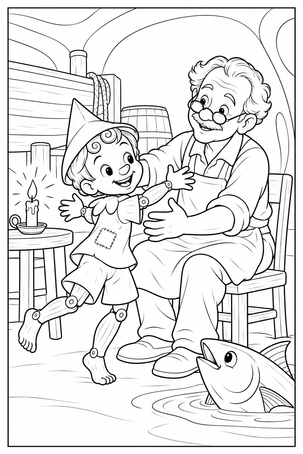 Inside the giant Dogfish, Pinocchio reaches to embrace Geppetto beside a candlelit table. A boat and a barrel stand behind them, and a friendly Tuna looks up from a pool.