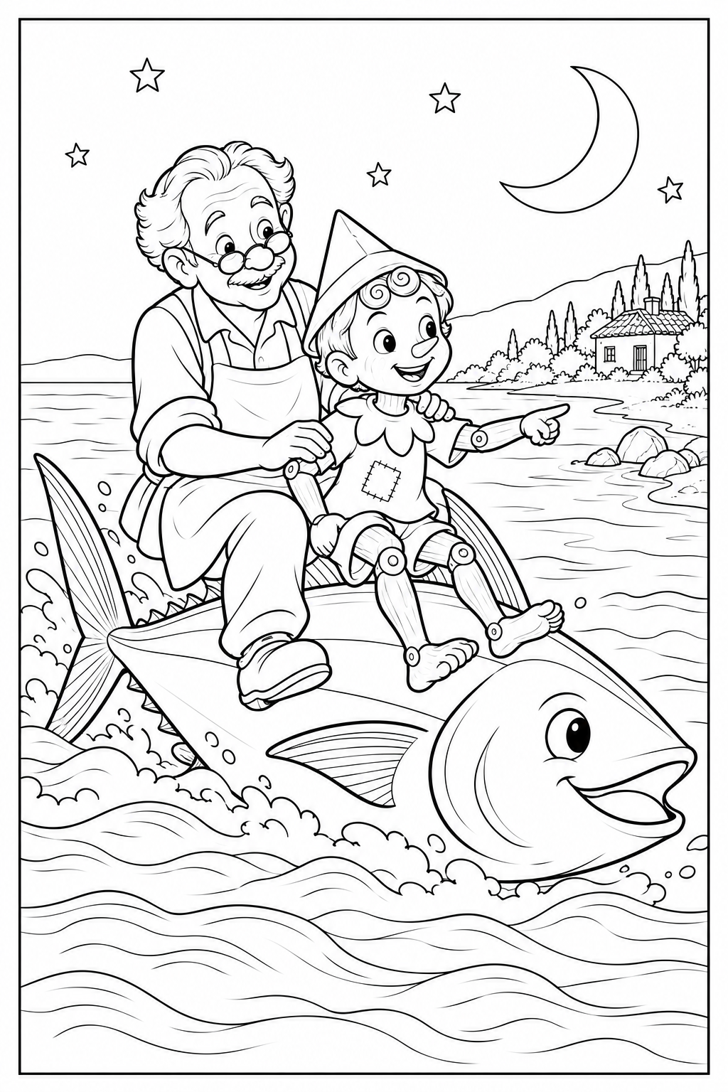 Pinocchio and Geppetto ride on a large friendly Tuna under the moon and stars. Pinocchio points toward a cottage on the rocky shore, with Geppetto seated behind him.
