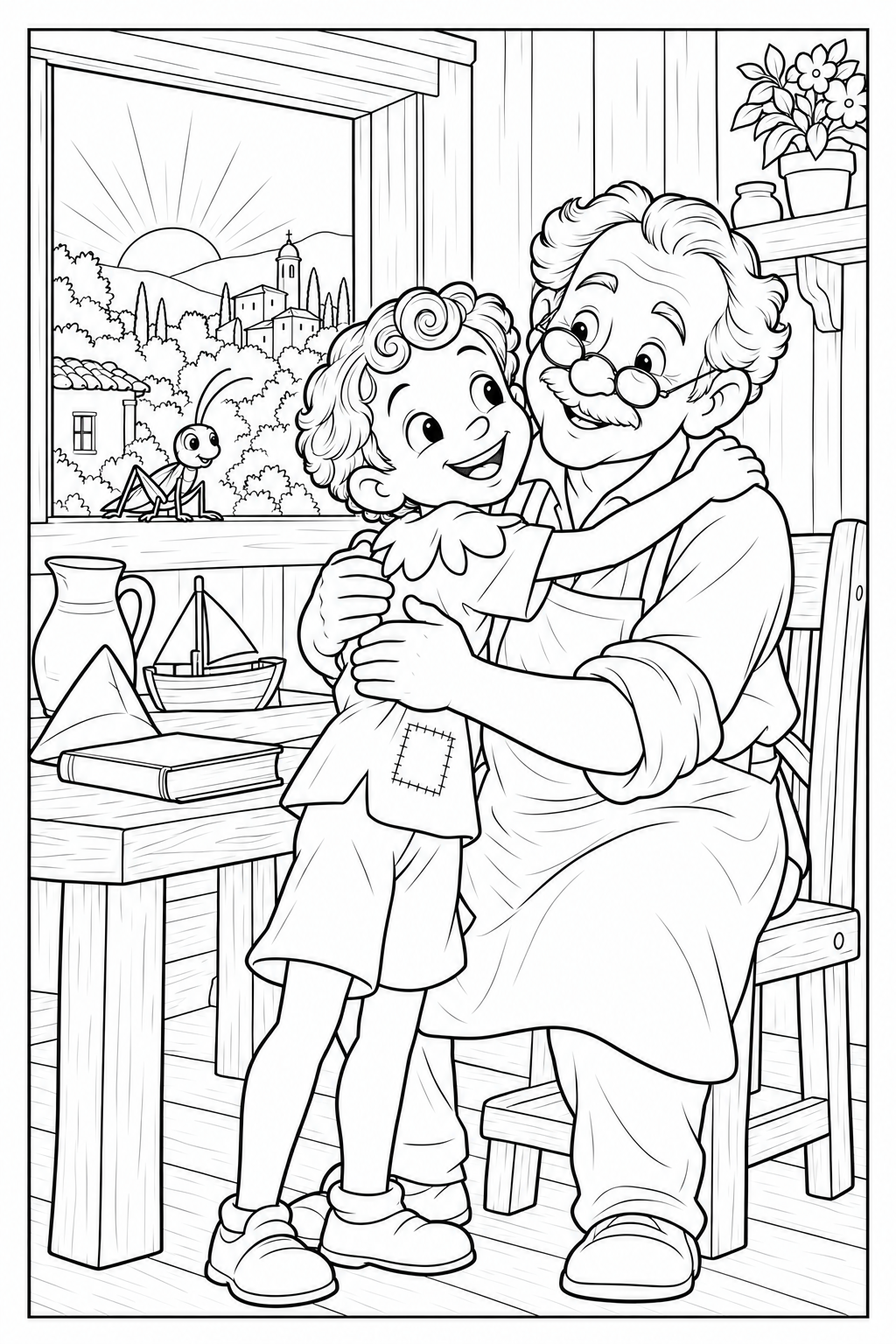 Pinocchio, now a human boy without wooden joints, embraces Geppetto in their cottage. His schoolbook, paper hat, a jug and a toy boat rest on the table; a cricket sits on the windowsill.
