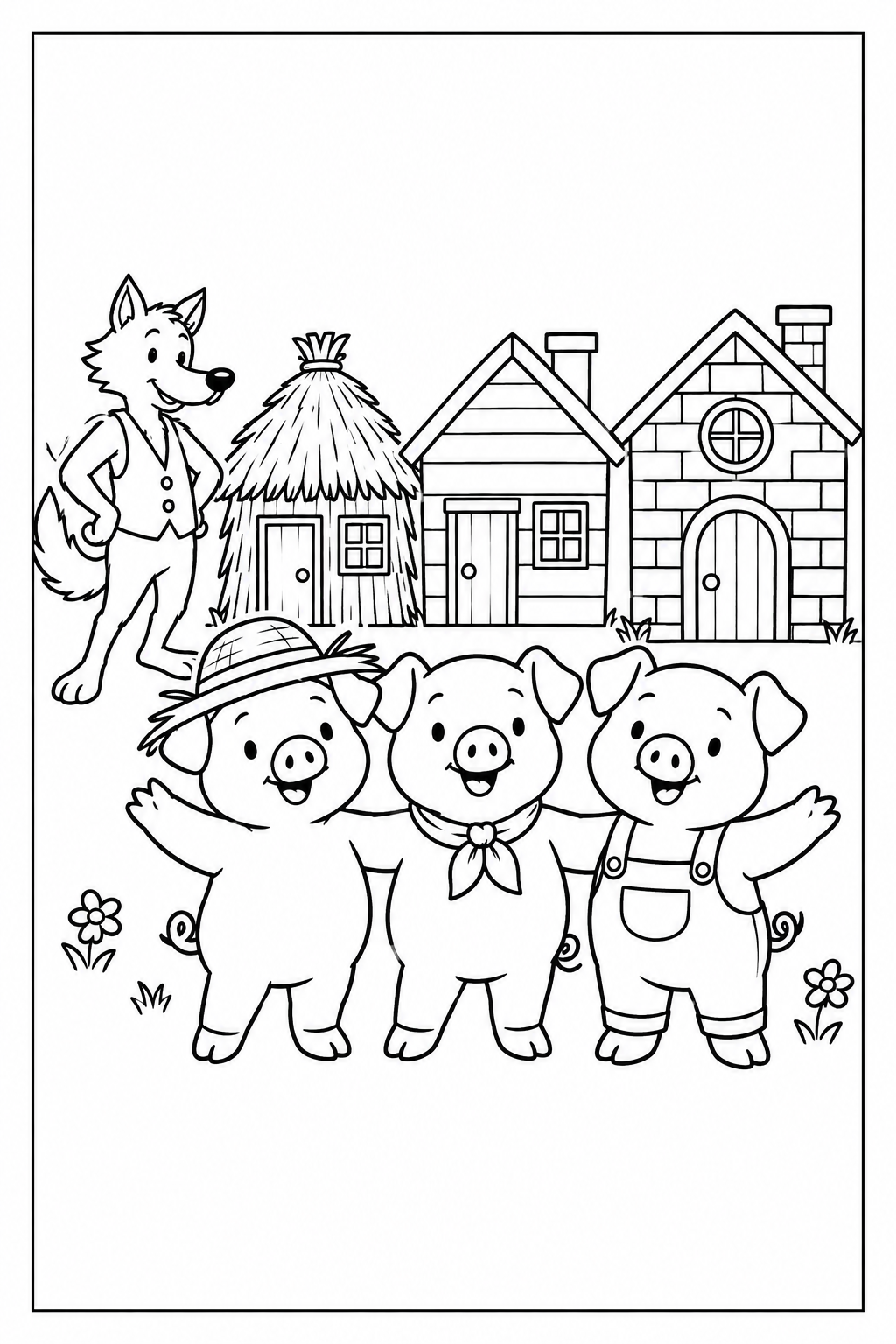 Coloring cover with a thin black frame: three smiling little pigs, one with a straw hat, one with a neckerchief and one in overalls, stand before straw, wooden and brick houses; a wolf in a waistcoat is at the side.