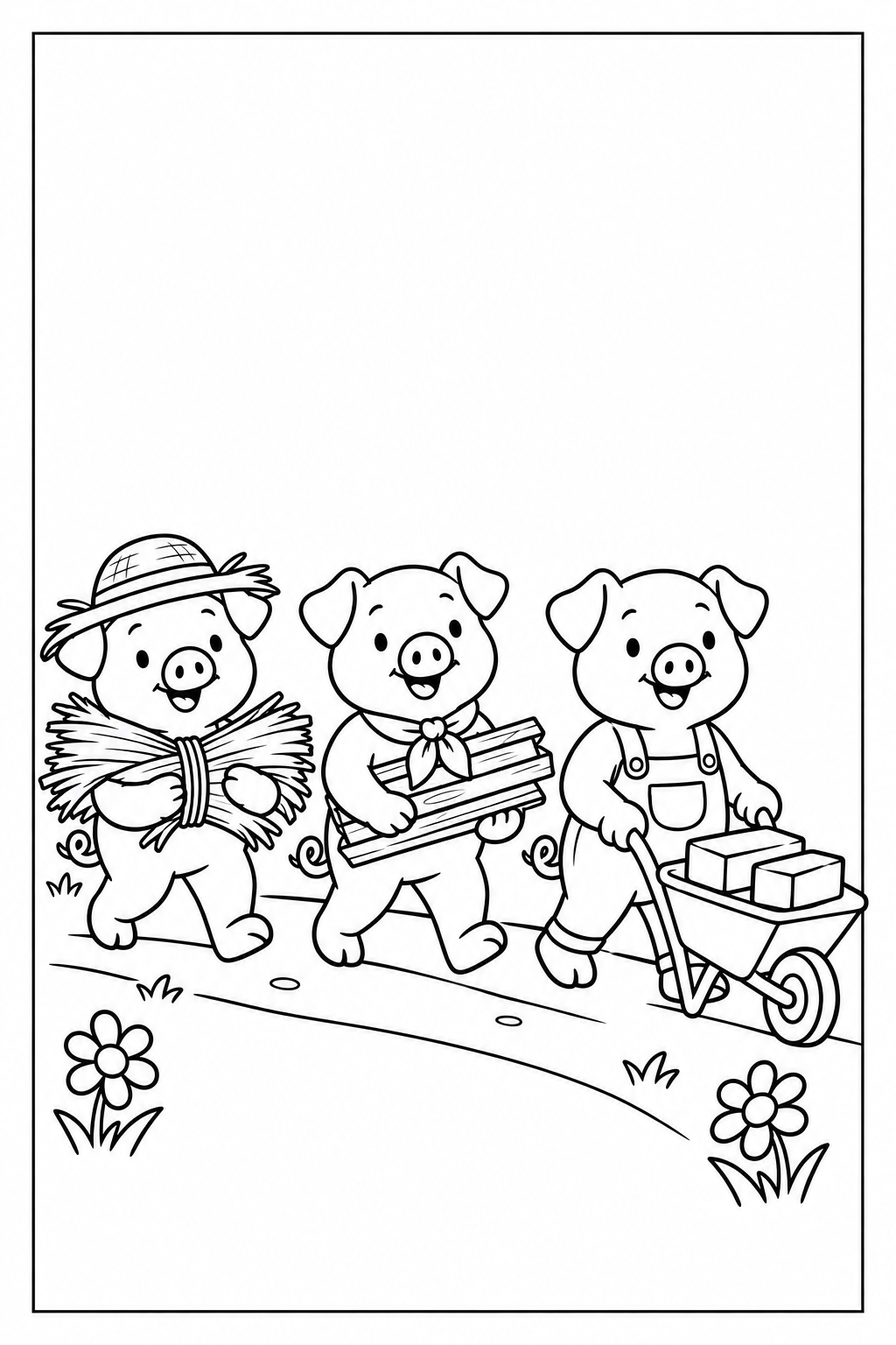 Nino the pig wears a straw hat and carries straw, Luca wears a neckerchief and carries wooden planks, and Tito wears overalls and pushes a wheelbarrow of bricks; a thin black border surrounds the white drawing.