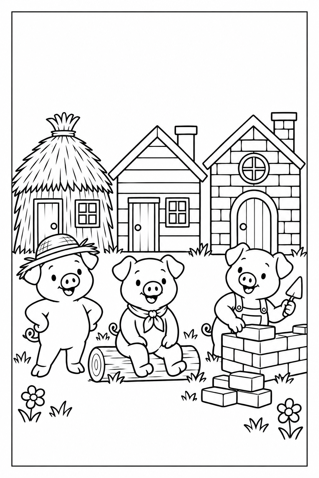 Nino stands by his finished straw house, Luca rests by his wooden house, and Tito carefully works on his brick house with a trowel; the coloring page has a white background and a thin black frame.