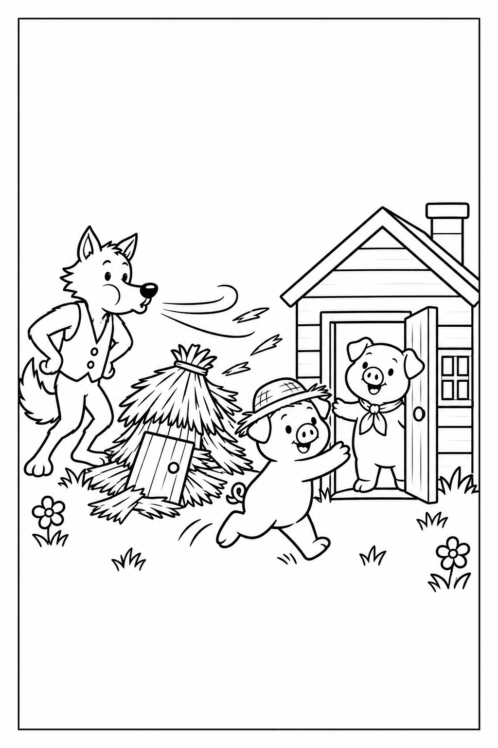 The wolf blows toward a fallen straw house while Nino, still wearing his straw hat, runs to the wooden house where Luca welcomes him at the door; a thin black frame surrounds the white illustration.