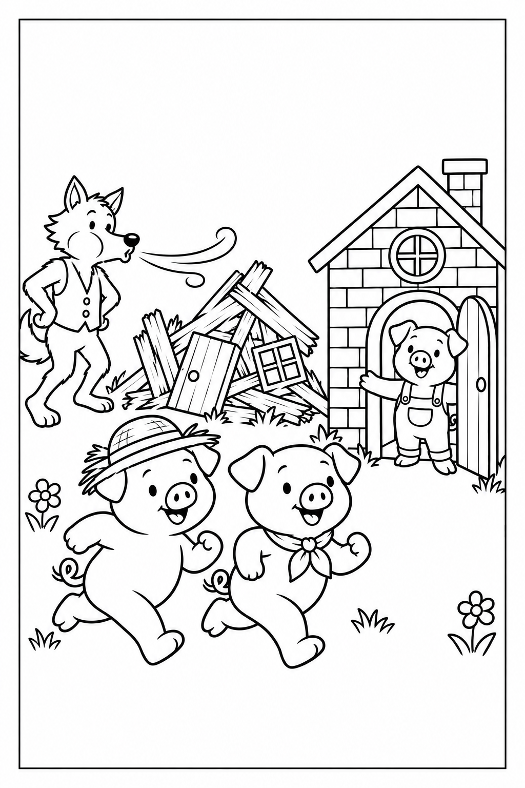 The wolf blows down the wooden house; Nino and Luca run together toward Tito, who waits in the doorway of his sturdy brick house, all within a thin black page border.
