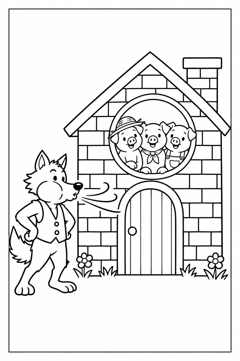Outside the brick house, the wolf puffs toward its closed arched door while all three pigs look out together through the round window; a thin black frame surrounds the white coloring page.
