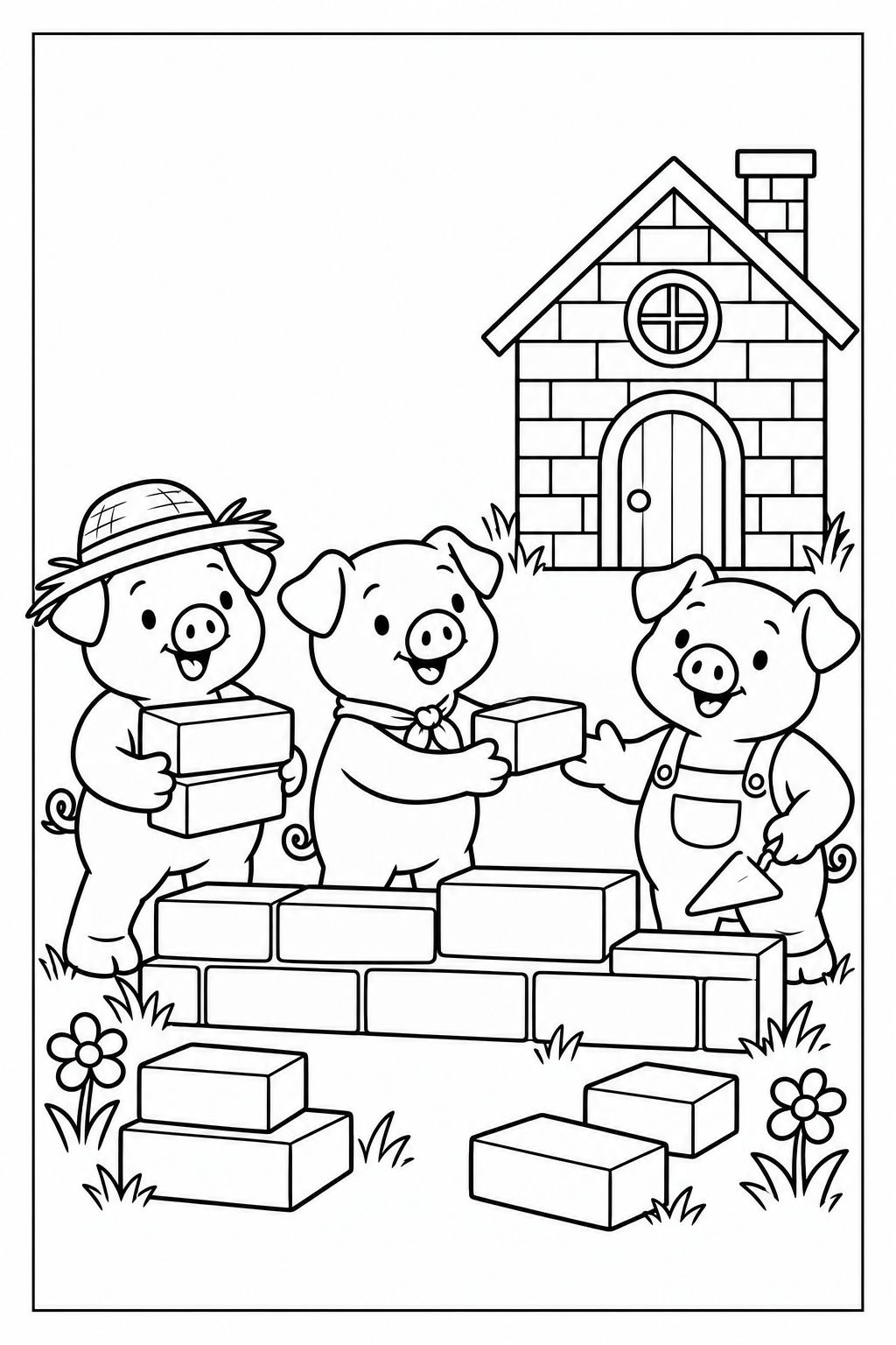 The three little pigs work together beside the intact brick house: Nino carries bricks, Luca passes one to Tito, and Tito builds a new low brick wall with a trowel; white background and thin black border.