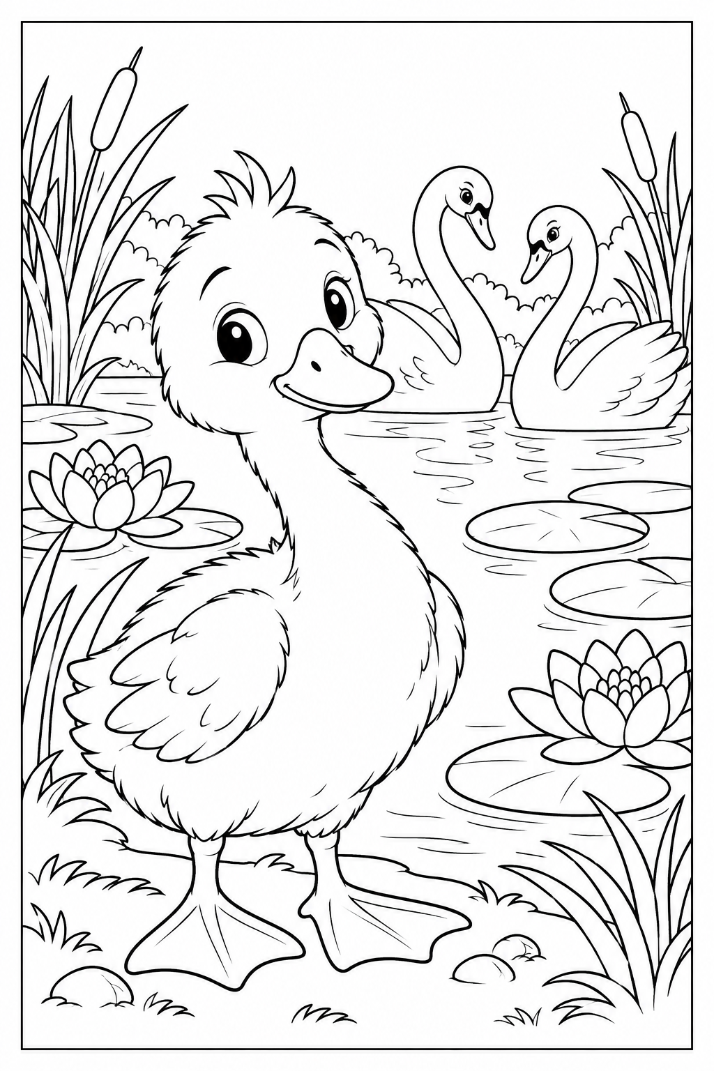 A fluffy young cygnet with a three-feather tuft stands beside a pond, with two long-necked swans, reeds and water lilies behind him. Black outlines, white coloring spaces and a complete frame.