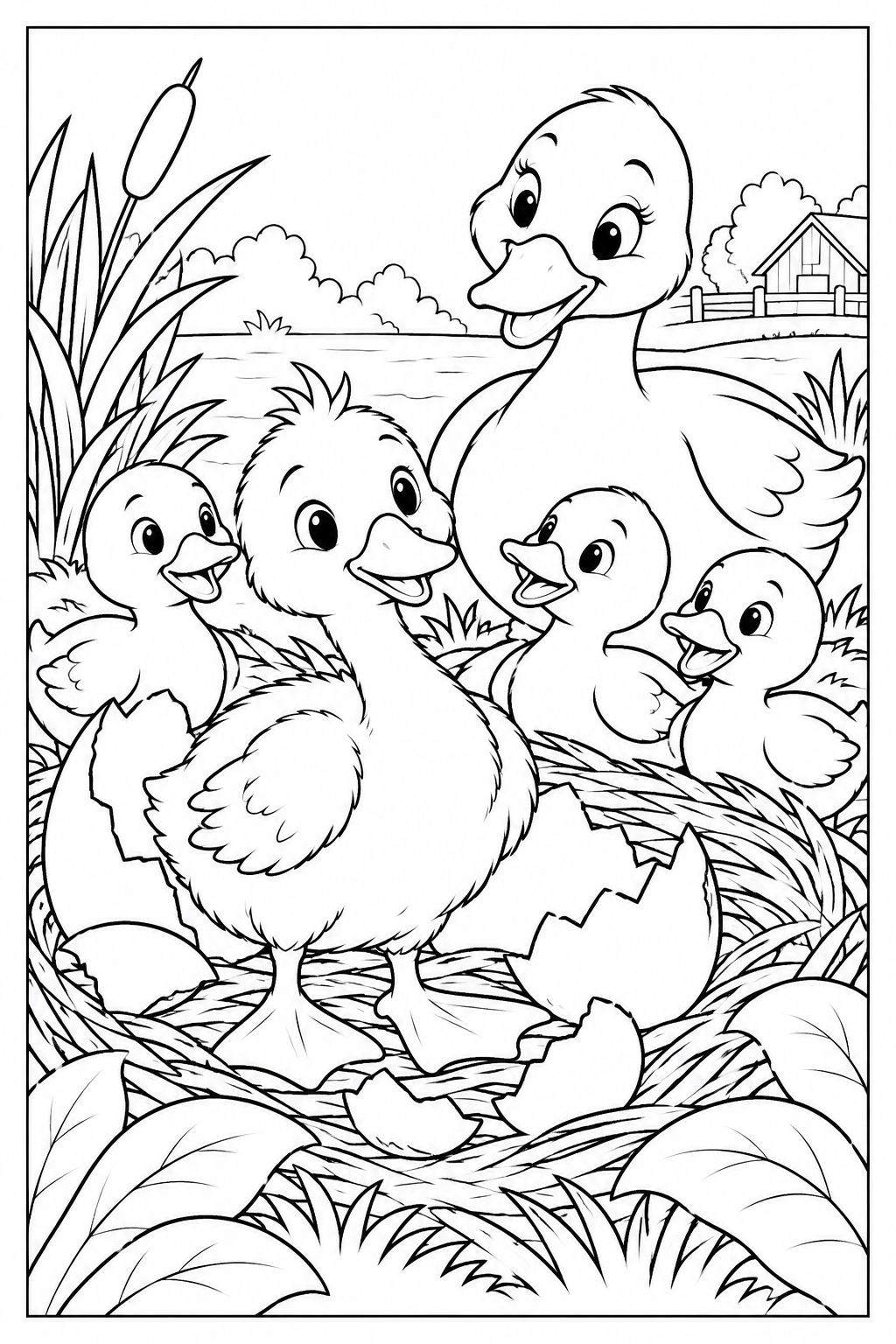 A fluffy cygnet stands among broken eggshells in a nest, beside three smaller ducklings and their smiling mother. Reeds and a farmhouse appear behind them.